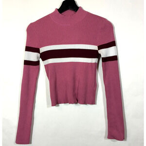 Women Winter Cropped Sweater Mock Neck Ribbed Slim Fit Pink Burgundy Jrs XL